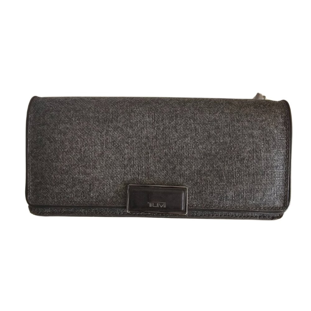 Tumi Gray Coated Canvas Leather Trim Credit Card Bifold Long Wallet